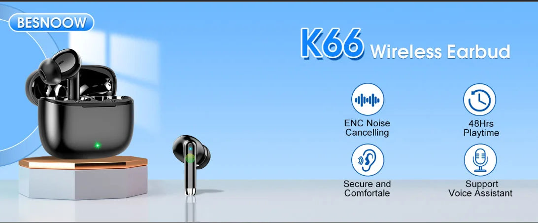 K66 Noise Cancelling Earbuds, 90% ANC Reduction, 14.2mm Hi-Res Sound, BT 5.3, IPX7 Waterproof, 48H Playtime