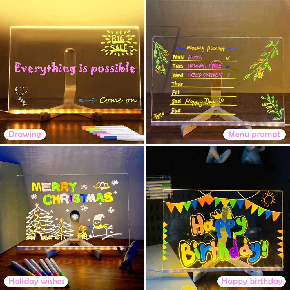 DIY LED Note Board With Night Light Colorful 7 Pens Acrylic Message Board Children‘s Drawing Board For Kids Birthday Gift