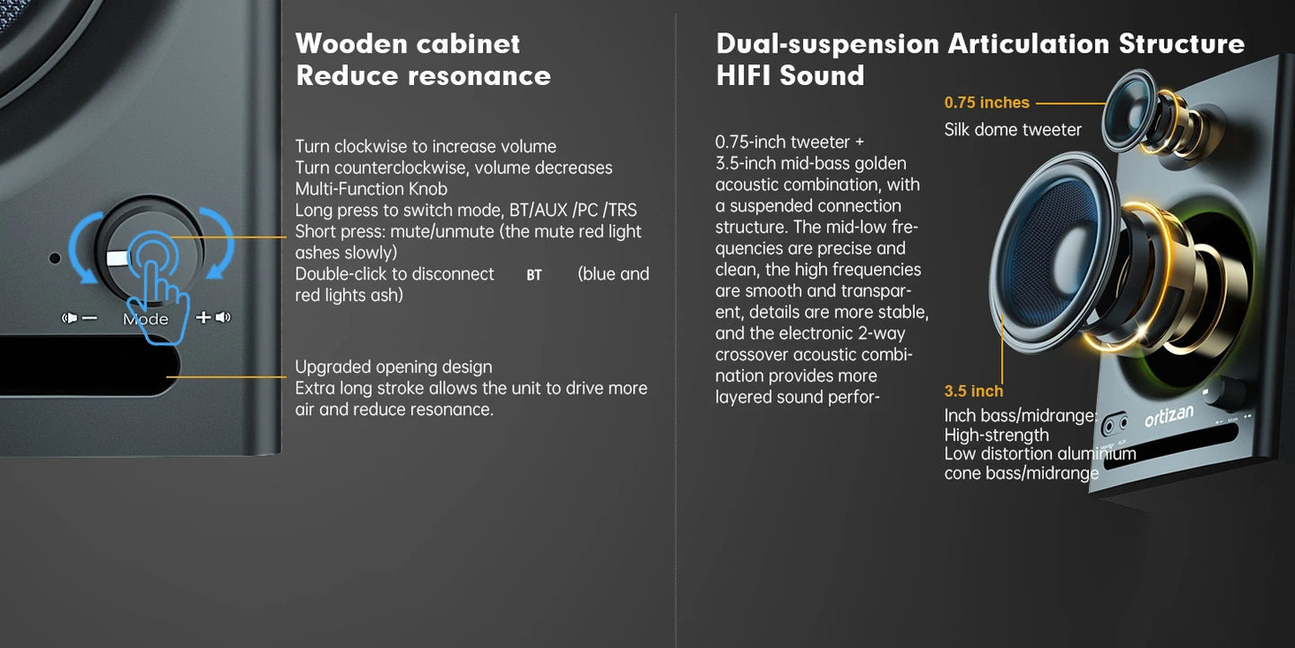 Ortizan C7 Dual-Mode 2.0 Studio Monitors, Active Monitor Speakers for Near Field Music Production, Bluetooth 5.3 Wireless