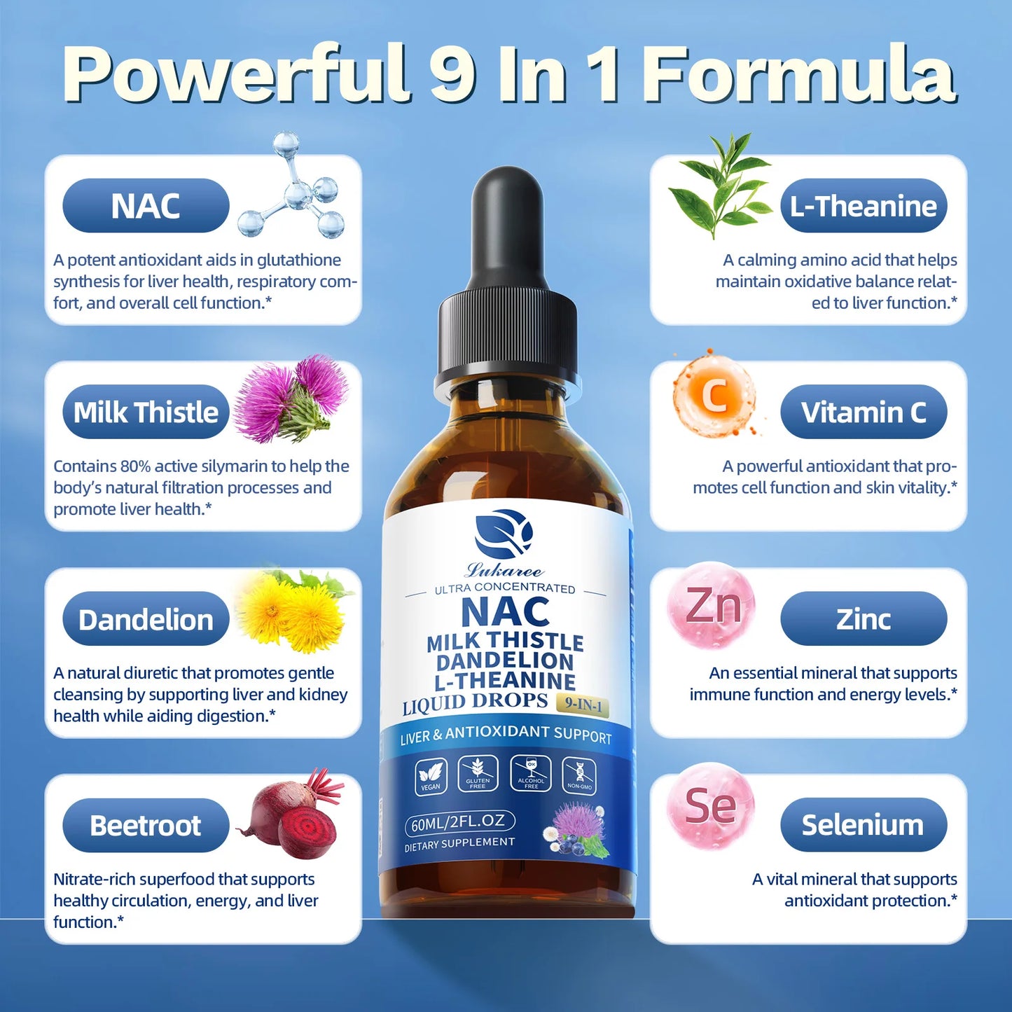 Lukaree Ultra-Concentrated 500mg NAC Drop Milk Thistle for Liver& Lung Health,Antioxidants,Brain Wellness & Immune Support