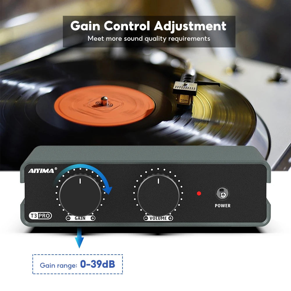 AIYIMA Audio T3 Pro Mini MM/MC Phono Preamplifier for Turntable Phonograph Vinyl Record Player Stereo Preamp Gain adjustment