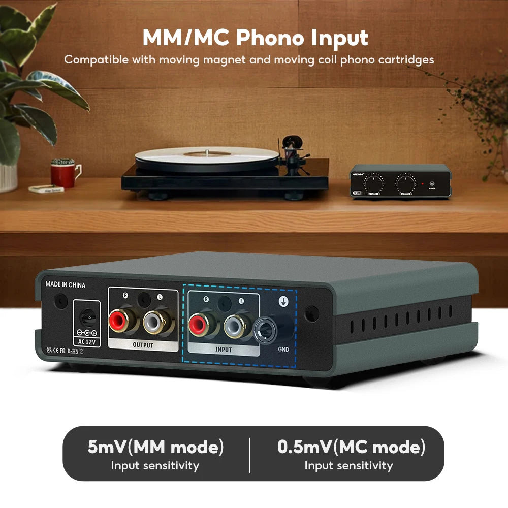 AIYIMA Audio T3 Pro Mini MM/MC Phono Preamplifier for Turntable Phonograph Vinyl Record Player Stereo Preamp Gain adjustment