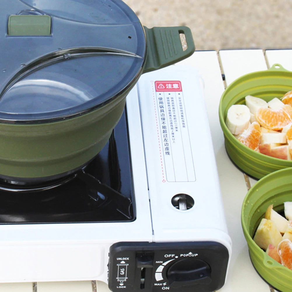 Portable Folding Pot Lunch Box Camping Pot Set with 2 Foldable Bowls Silicone Cooking Food Container Outdoor Camping Tableware