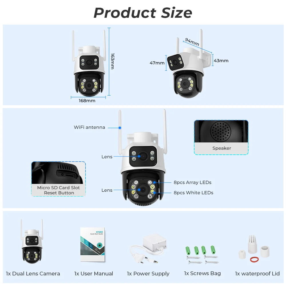 8MP 4K iCSee Wifi Camera Outdoor Dual lens Dual Screen Ai Human Detection Auto tracking Security Protection IP Wifi Surveillance