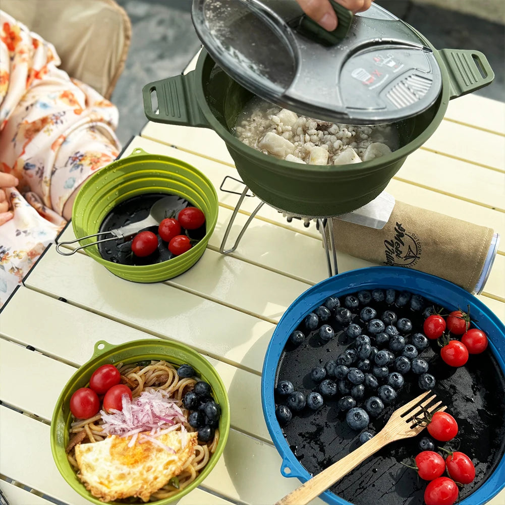 Portable Folding Pot Lunch Box Camping Pot Set with 2 Foldable Bowls Silicone Cooking Food Container Outdoor Camping Tableware