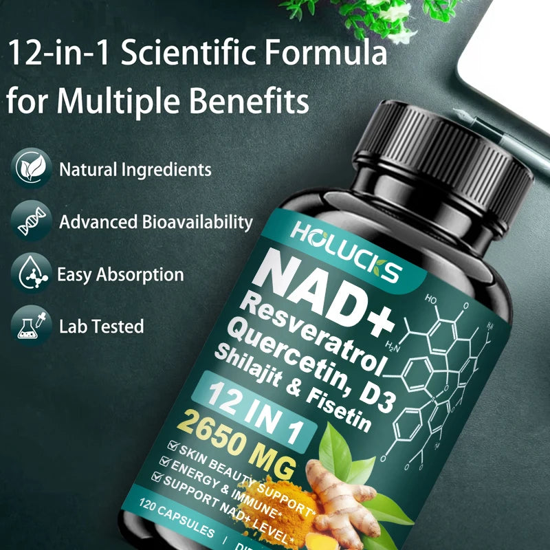 NAD+ Capsules Boost-with Resveratrol Supplement, 12 in 1, Enhance Cellular Vitality, Support Energy & Focus, Immune, Skin Health