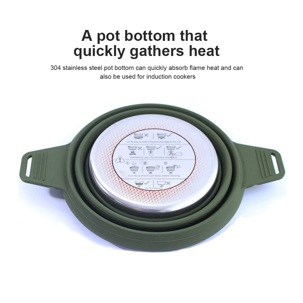 Portable Folding Pot Lunch Box Camping Pot Set with 2 Foldable Bowls Silicone Cooking Food Container Outdoor Camping Tableware