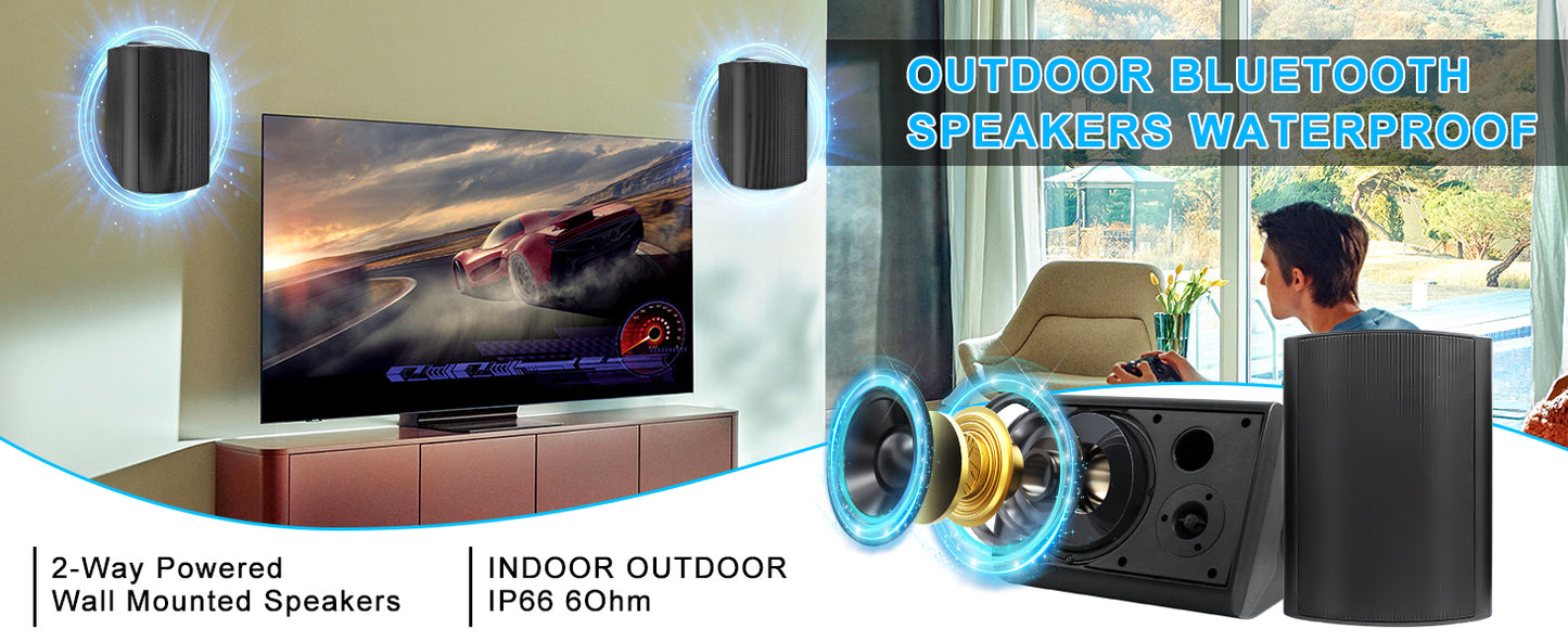 Herdio 800W 6.5'' Outdoor Speakers Bluetooth Waterproof Wired With Superior Amplifier Wall Mounted Sound System Enhanced Bass