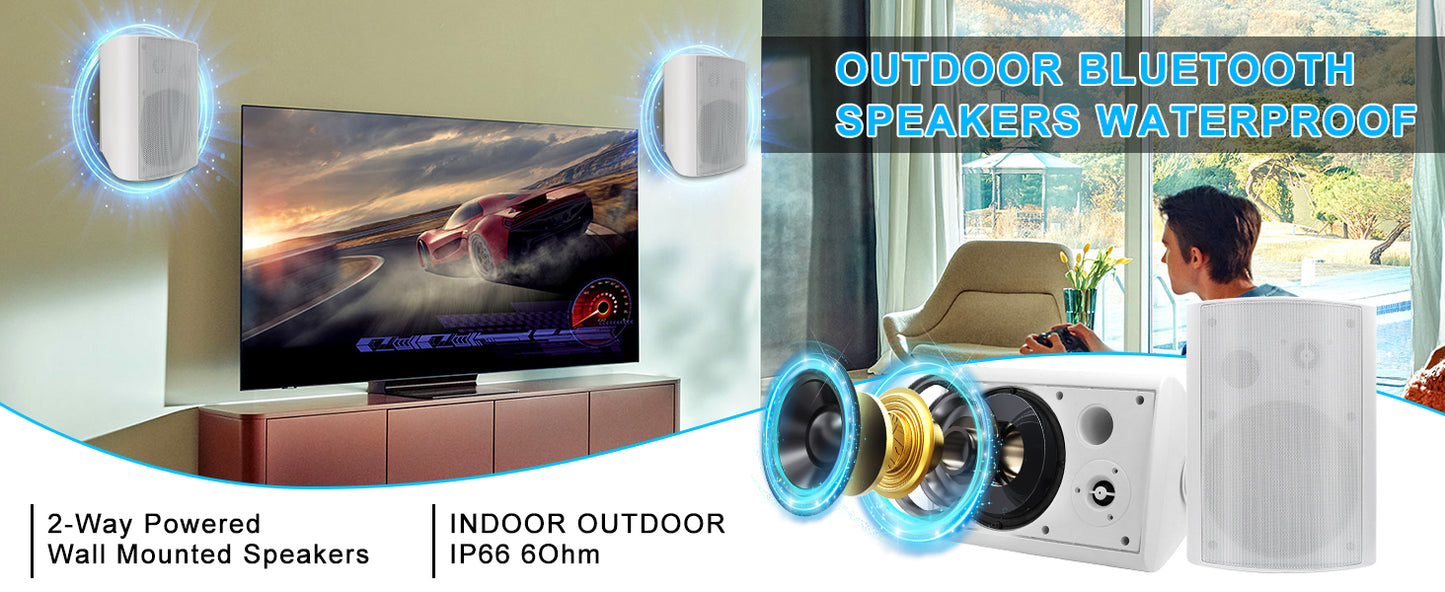 Herdio 800W 6.5'' Outdoor Speakers Bluetooth Waterproof Wired With Superior Amplifier Wall Mounted Sound System Enhanced Bass